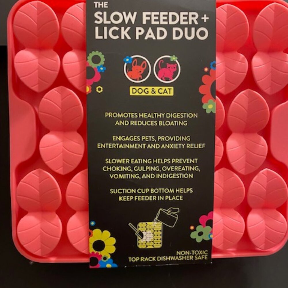 Spunky pup: The Slow Feeder + Lick Pad Duo  (Pink Leaves)